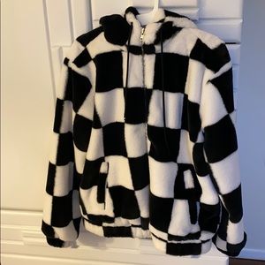 Fuzzy checkered coat with big hood